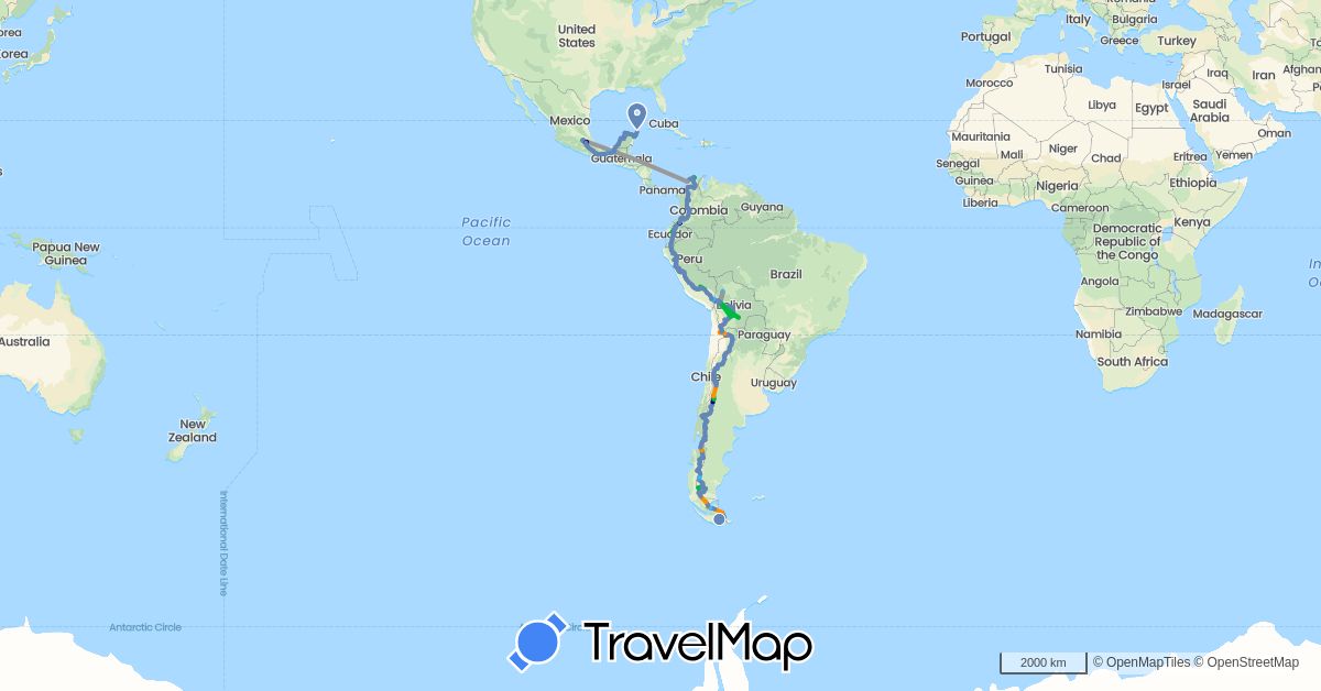 TravelMap itinerary: driving, bus, plane, cycling, hiking, boat, hitchhiking in Argentina, Bolivia, Chile, Colombia, Ecuador, Mexico, Peru (North America, South America)