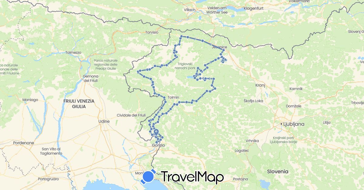 TravelMap itinerary: driving, cycling in Italy, Slovenia (Europe)